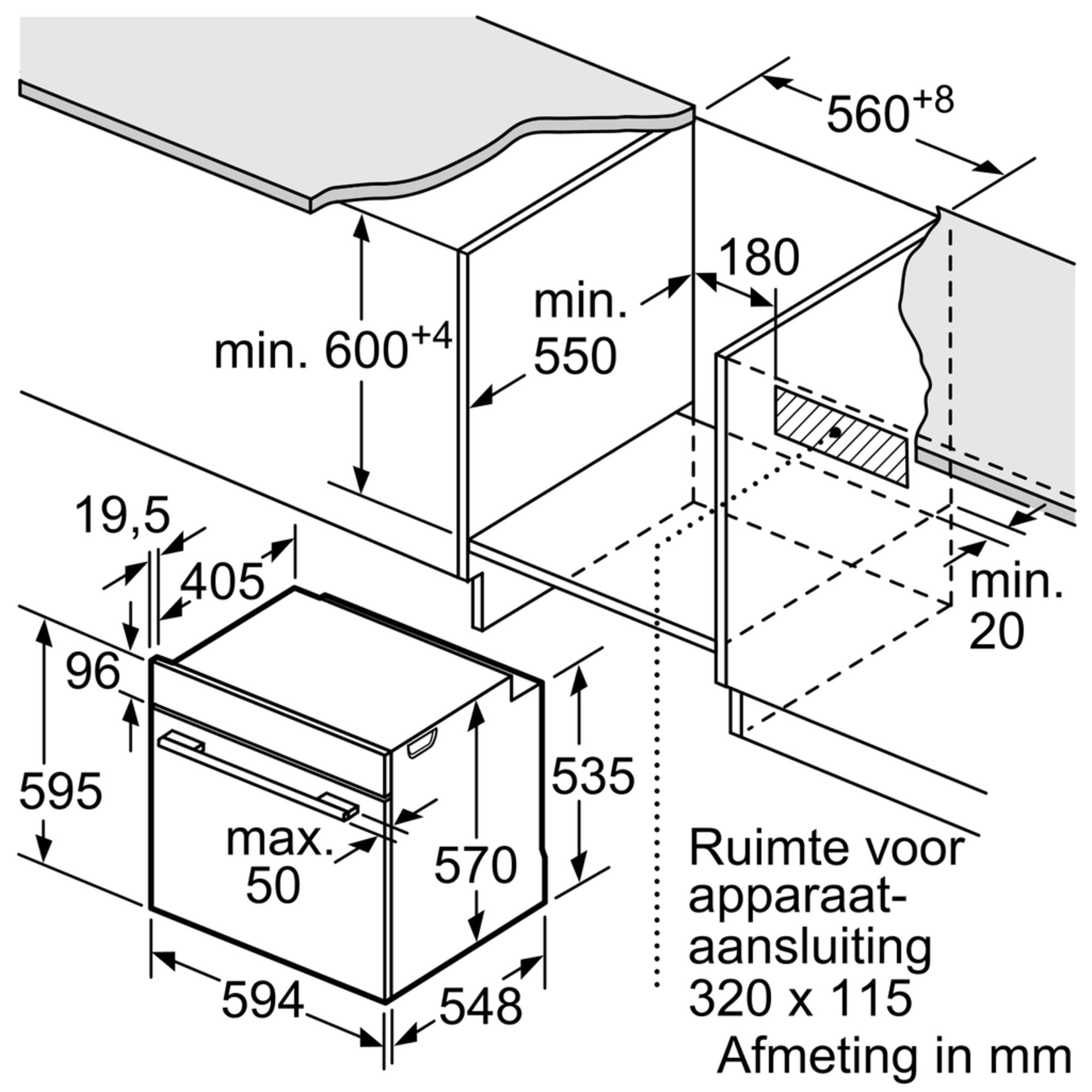 Maten (hoogte, breedte en diepte) BOSCH oven inbouw zwart HBA534BB0