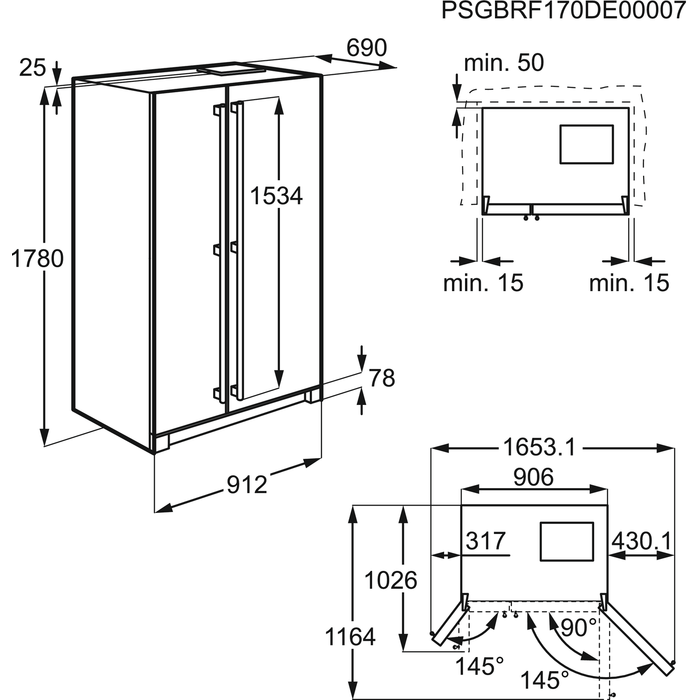 Maattekening AEG side-by-side koelkast rvs-look RMB56111NX