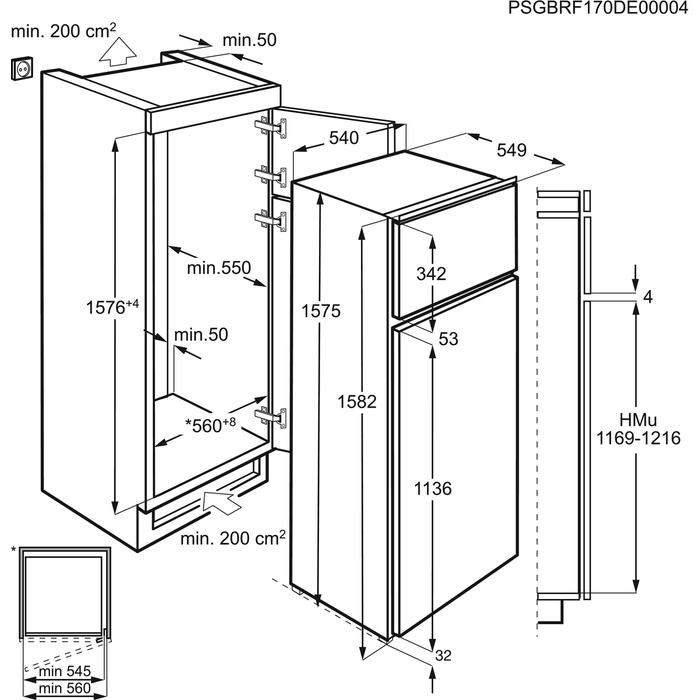 Maattekening AEG koelkast inbouw SDB41611AS