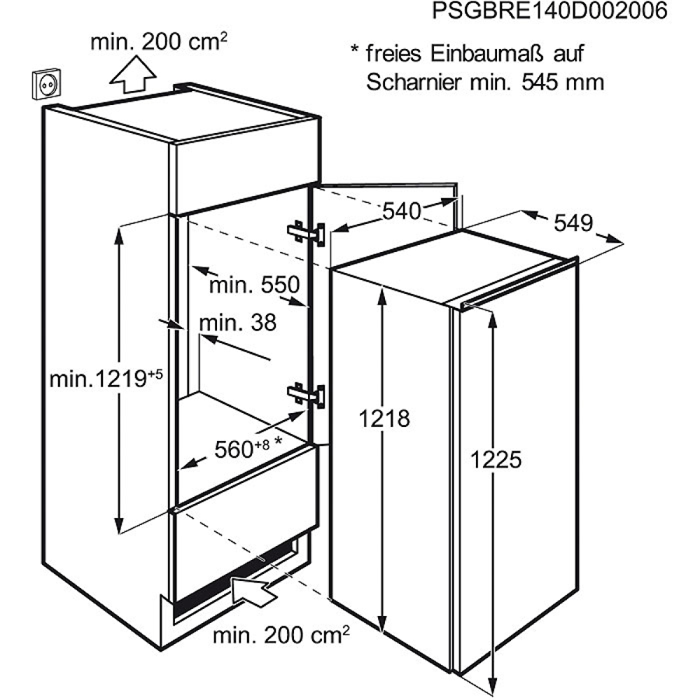 Maattekening AEG koelkast inbouw SFB51221DS