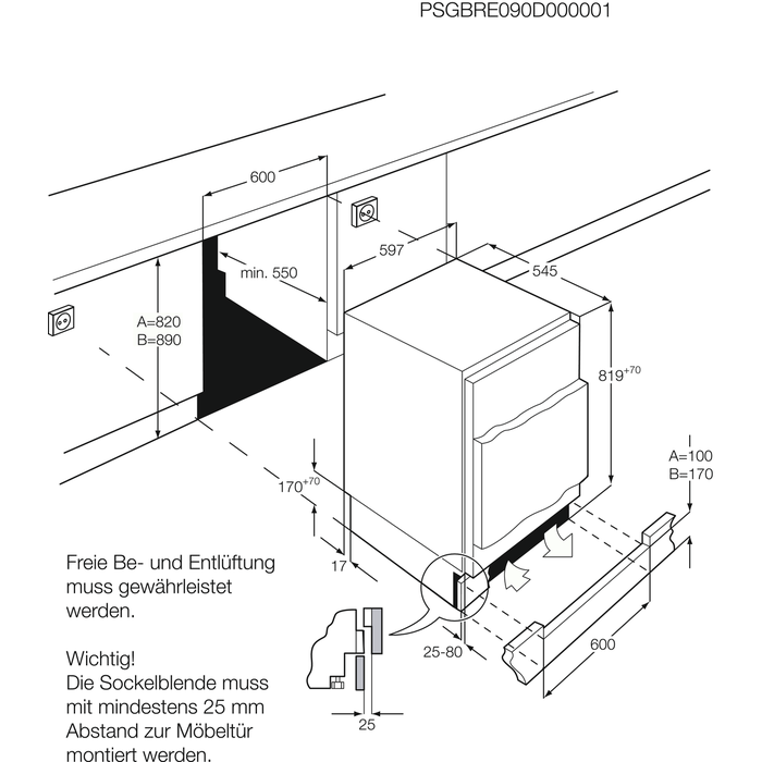 Maattekening AEG koelkast onderbouw SFB58221AF