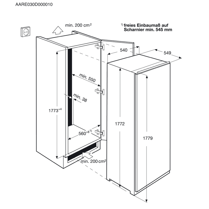 Maattekening AEG koelkast inbouw SFE81821DS