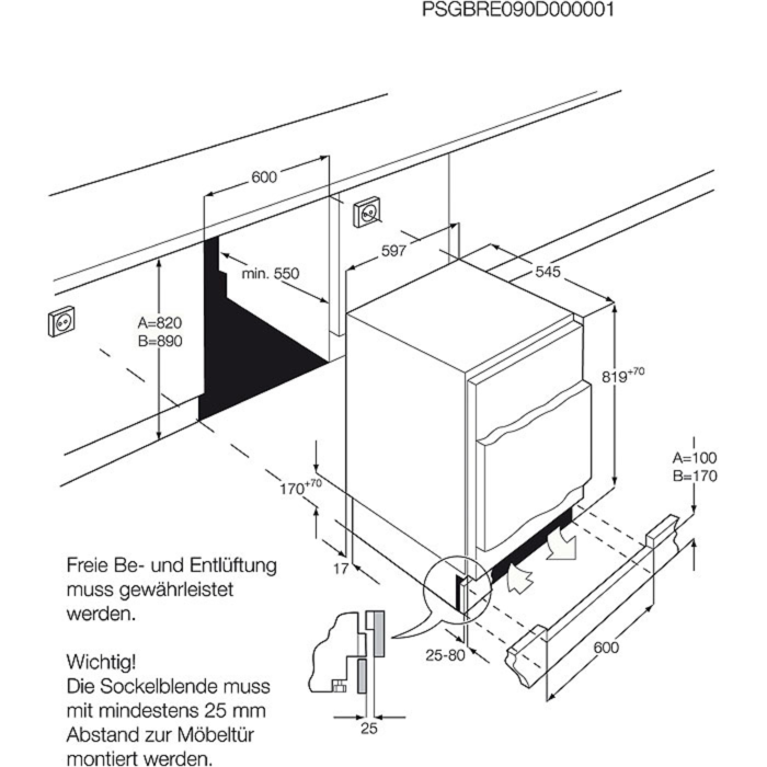 Maattekening AEG koelkast onderbouw SKB58221AF