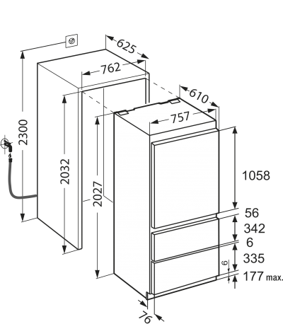 Maattekening LIEBHERR koelkast inbouw ECBN5066-23