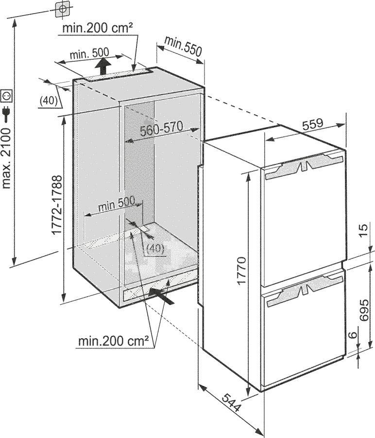 Maattekening LIEBHERR koelkast inbouw ICBN3324-22