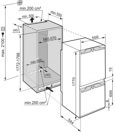 Maattekening LIEBHERR koelkast inbouw ICN3314-21