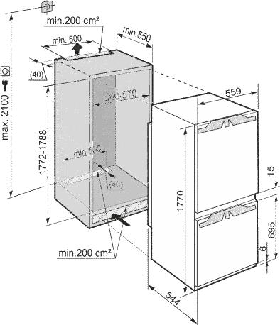 Maattekening LIEBHERR koelkast inbouw ICNP3366-21