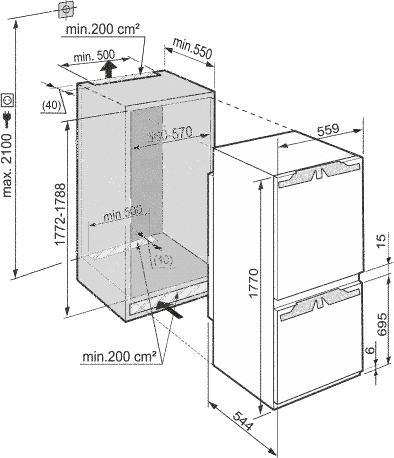 Maattekening LIEBHERR koelkast inbouw ICUN3324-20