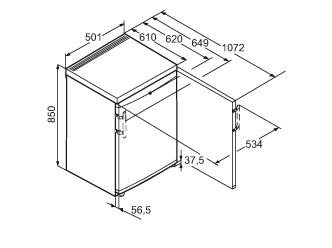 Maattekening LIEBHERR koelkast tafelmodel T1410-22