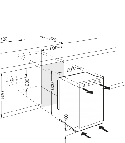 Maattekening LIEBHERR koelkast onderbouw UK1524-24