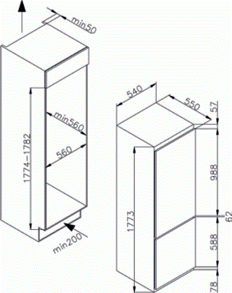Maattekening M-SYSTEM koelkast inbouw MKV1781