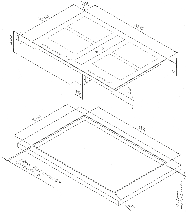 Maattekening O+F inductie kookplaat met afzuiging INTEGRAL IG 90-100