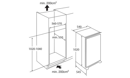 Maattekening PELGRIM koelkast inbouw KK2102V