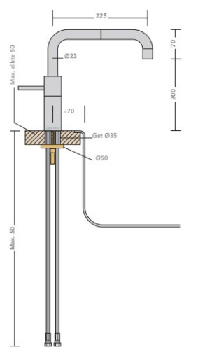 Maattekening QUOOKER kokend water kraan PRO3 Nordic Square single tap