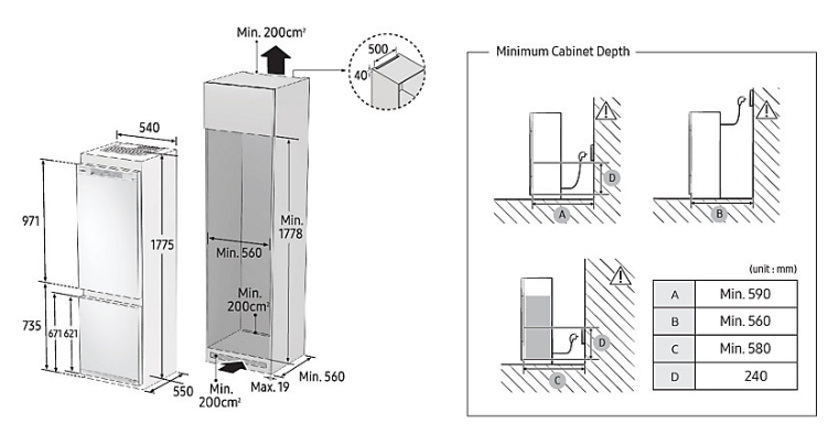 Maattekening SAMSUNG koelkast inbouw BRB260010WW