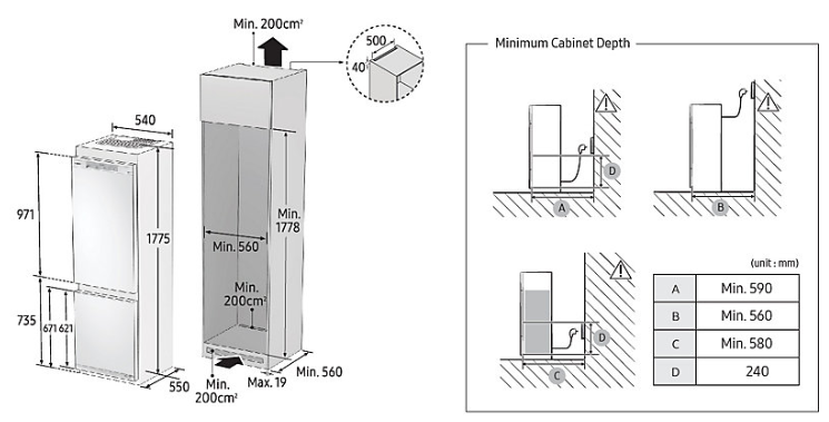 Maattekening SAMSUNG koelkast inbouw BRB260035WW