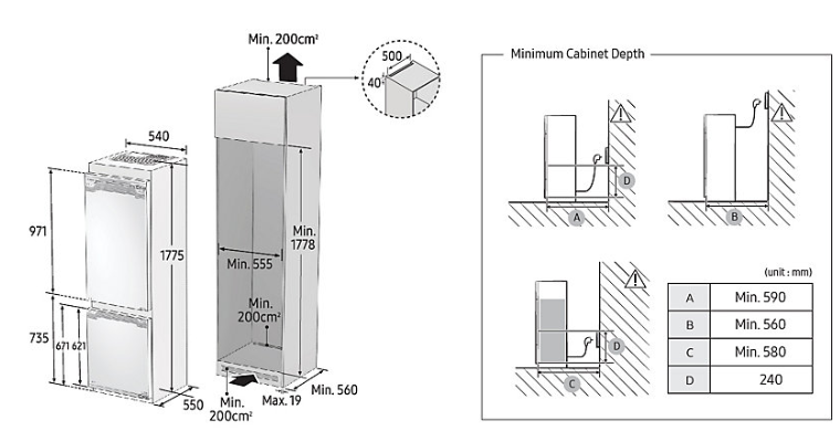 Maattekening SAMSUNG koelkast inbouw BRB260135WW