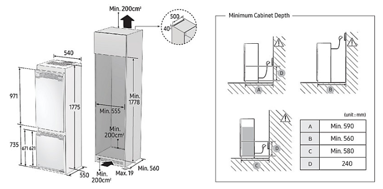 Maattekening SAMSUNG koelkast inbouw BRB260178WW