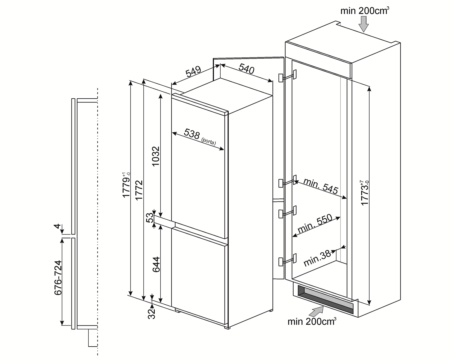 Maattekening SMEG koelkast inbouw C3170P1
