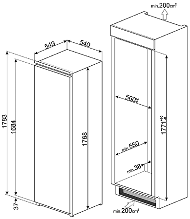 Maattekening SMEG koelkast inbouw C3172NP1