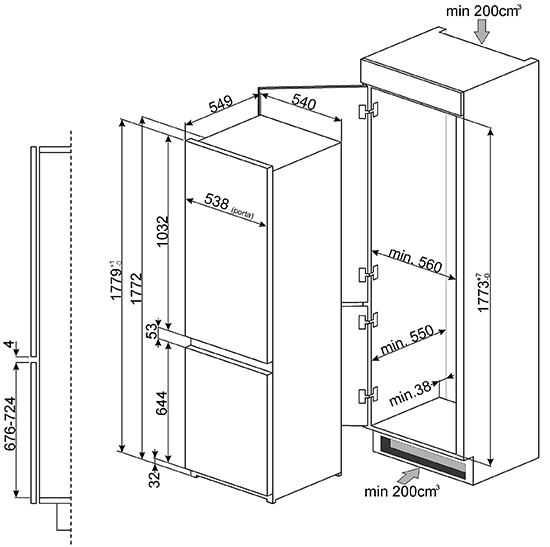Maattekening SMEG koelkast inbouw C7280FP