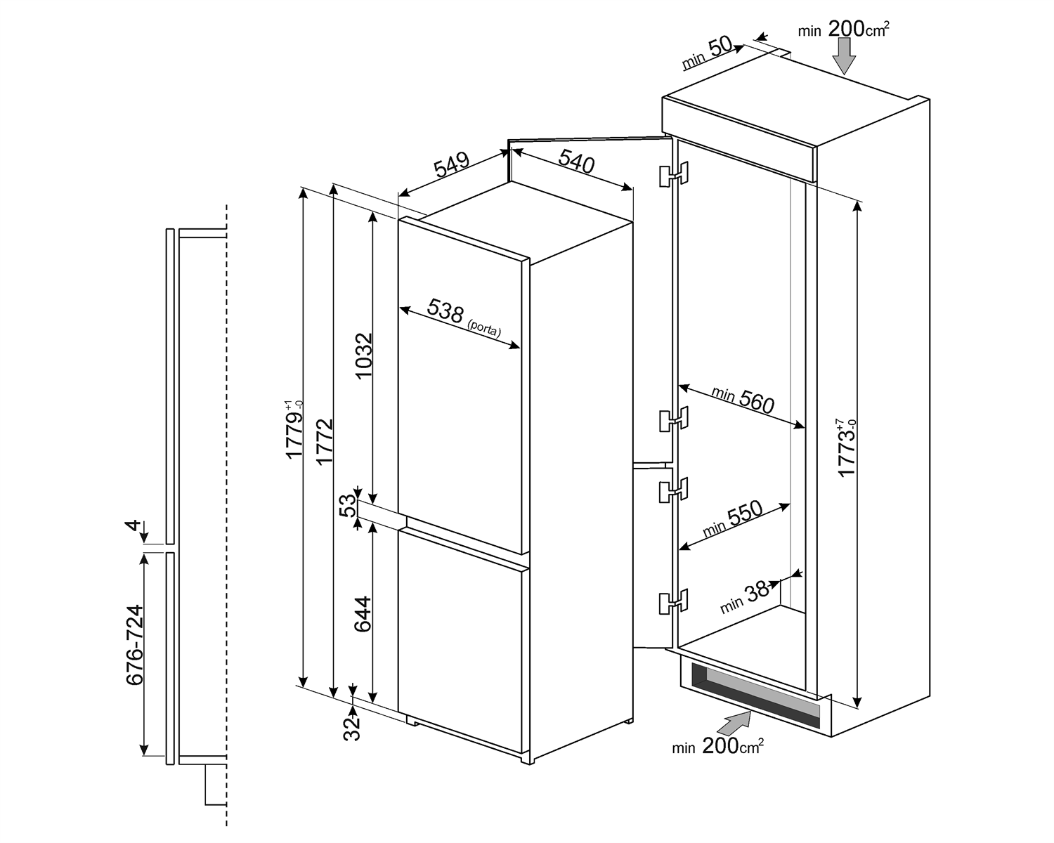 Maattekening SMEG koelkast inbouw C7280FP1