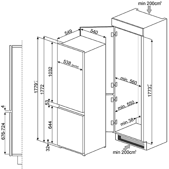 Maattekening SMEG koelkast inbouw C7280NEP