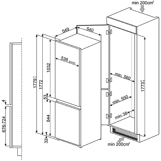 Maattekening SMEG koelkast inbouw C7280NLD2P