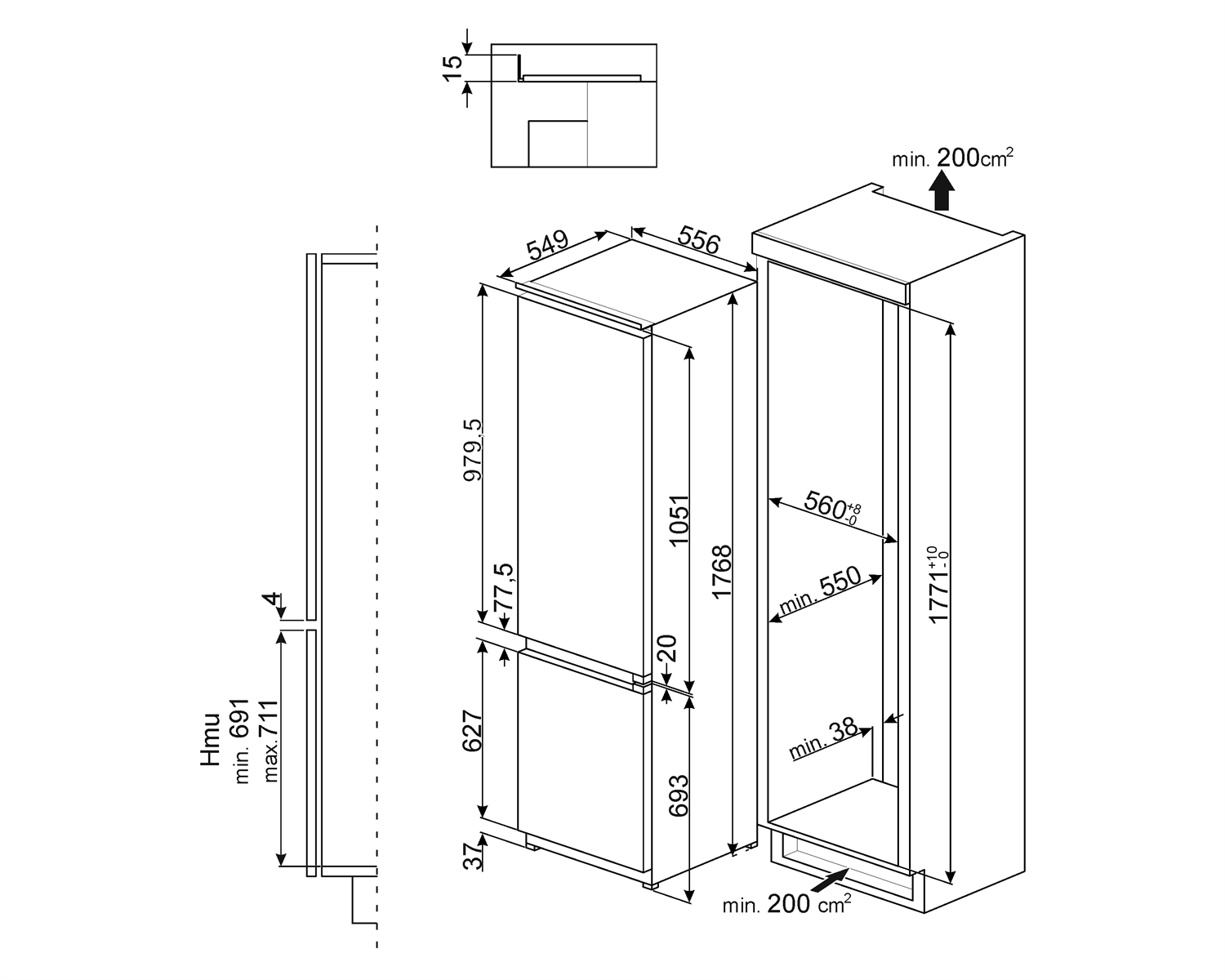 Maattekening SMEG koelkast inbouw CD7276NLD2P1