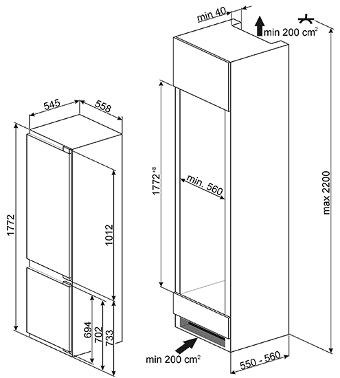 Maattekening SMEG koelkast inbouw CID280NF