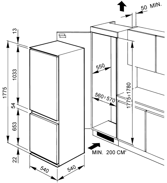 Maattekening SMEG koelkast inbouw CR321AP