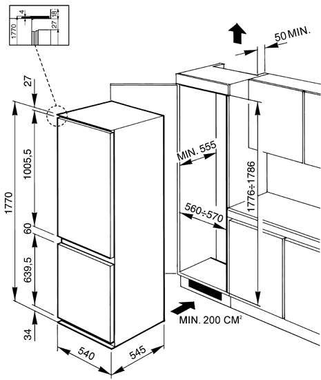 Maattekening SMEG koelkast inbouw CR324PNF