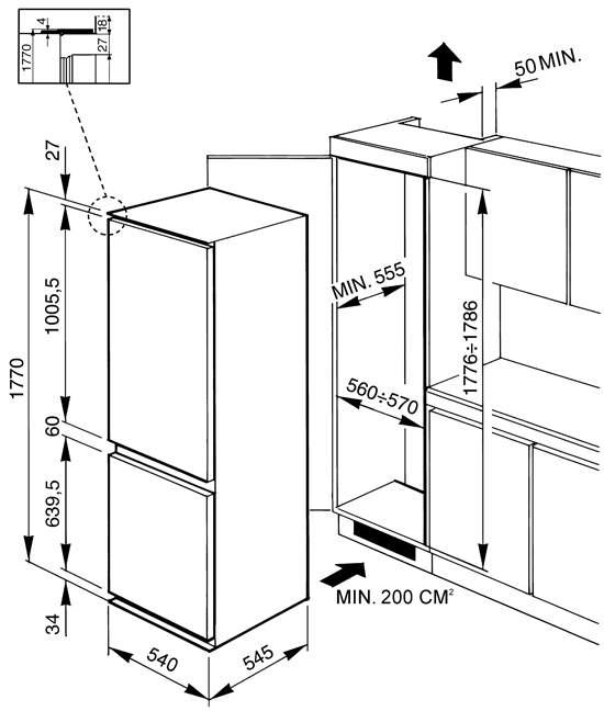 Maattekening SMEG koelkast inbouw CR325P1