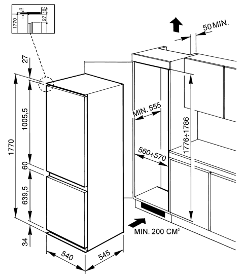 Maattekening SMEG koelkast inbouw CR325PNFZ