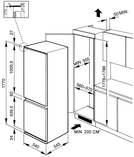 Maattekening SMEG koelkast inbouw CR329PZ