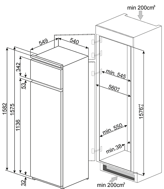 Maattekening SMEG koelkast inbouw D3150P1