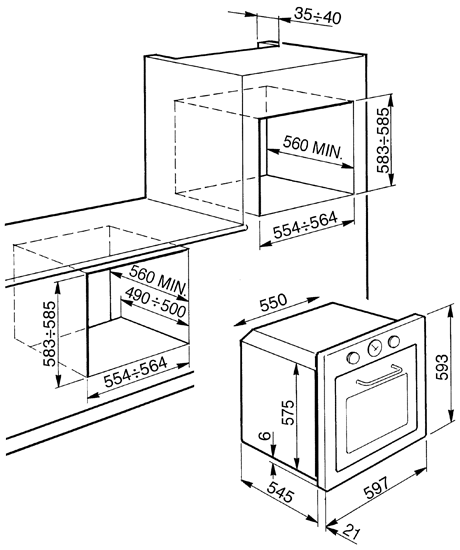 Maattekening SMEG oven inbouw F67-7