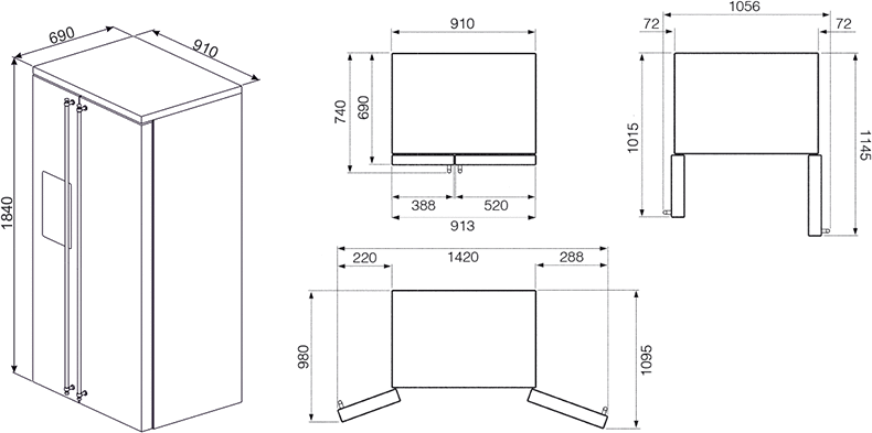 Maattekening SMEG koelkast side-by-side FA63X