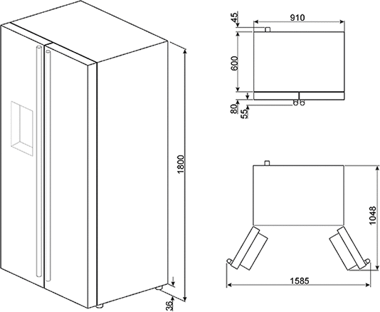 Maattekening SMEG koelkast inbouw side-by-side FA63XBI