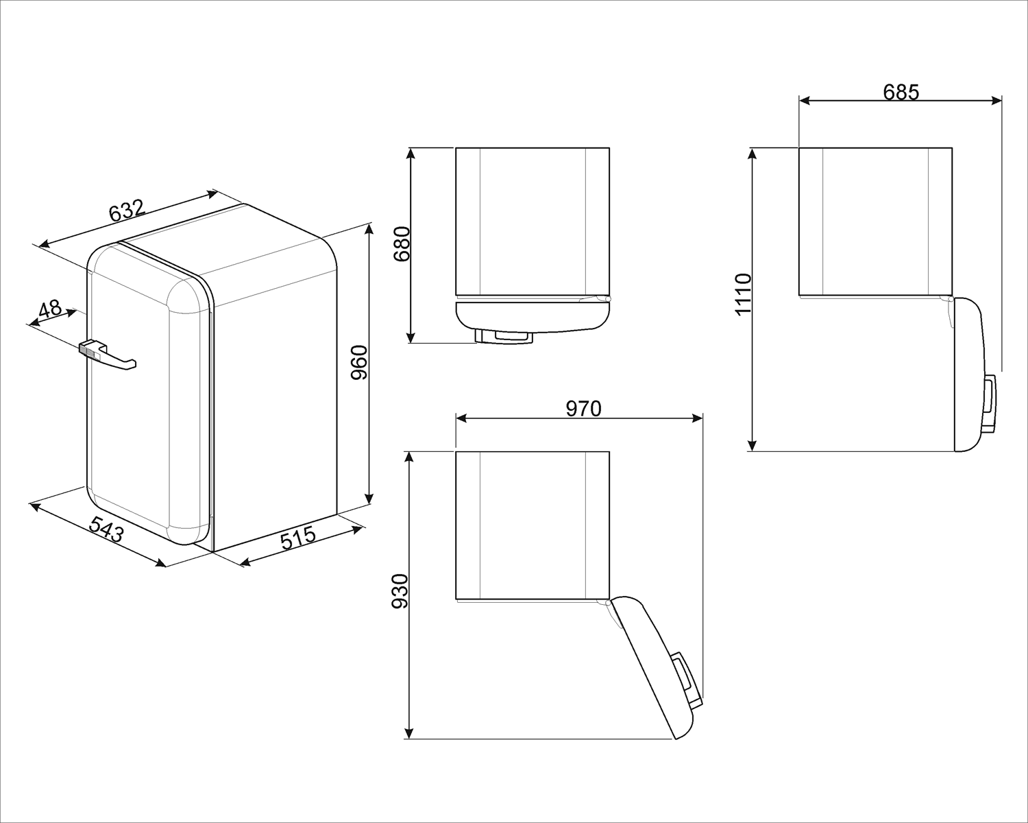 Maattekening SMEG koelkast tafelmodel tricolore FAB10HLIT