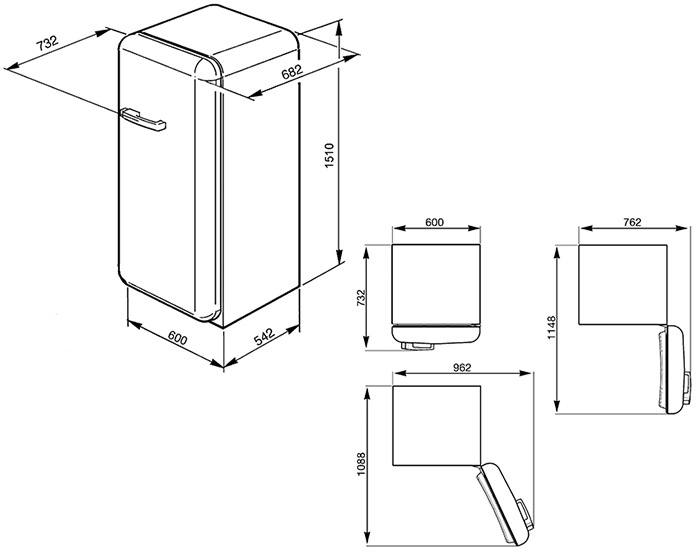 Maattekening SMEG koelkast Rigatino FAB28LCS1