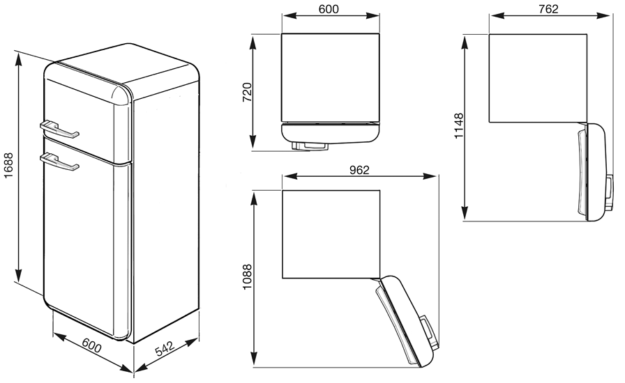 Maattekening SMEG koelkast zwart FAB30LNE1