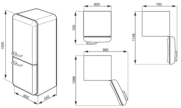Maattekening SMEG koelkast rood FAB32RR1