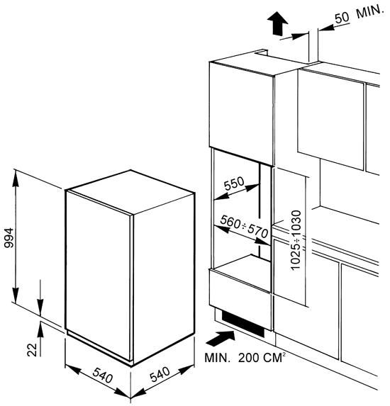 Maattekening SMEG koelkast inbouw FL1022P