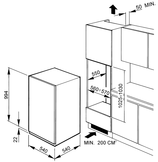 Maattekening SMEG koelkast inbouw FL102AP