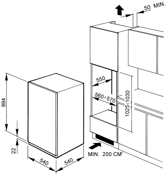 Maattekening SMEG koelkast inbouw FL1042P