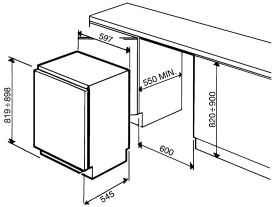 Maattekening SMEG koelkast onderbouw FL130P