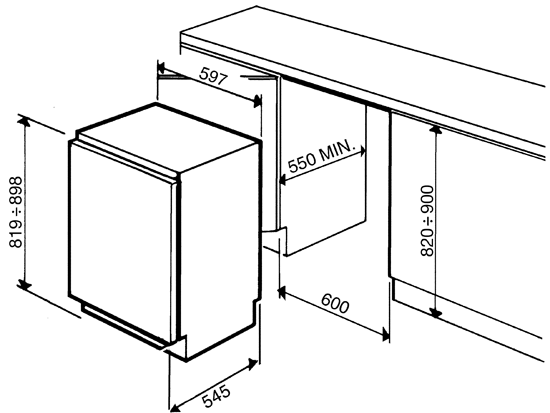Maattekening SMEG koelkast onderbouw FL144P