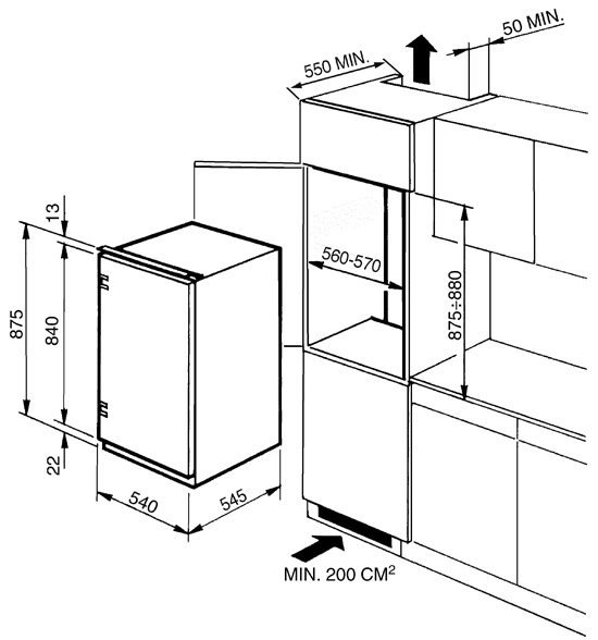 Maattekening SMEG koelkast inbouw FL1642P