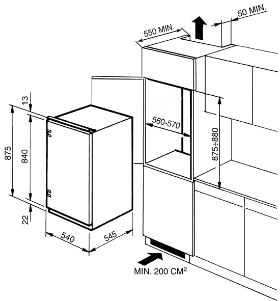 Maattekening SMEG koelkast inbouw FL164AP